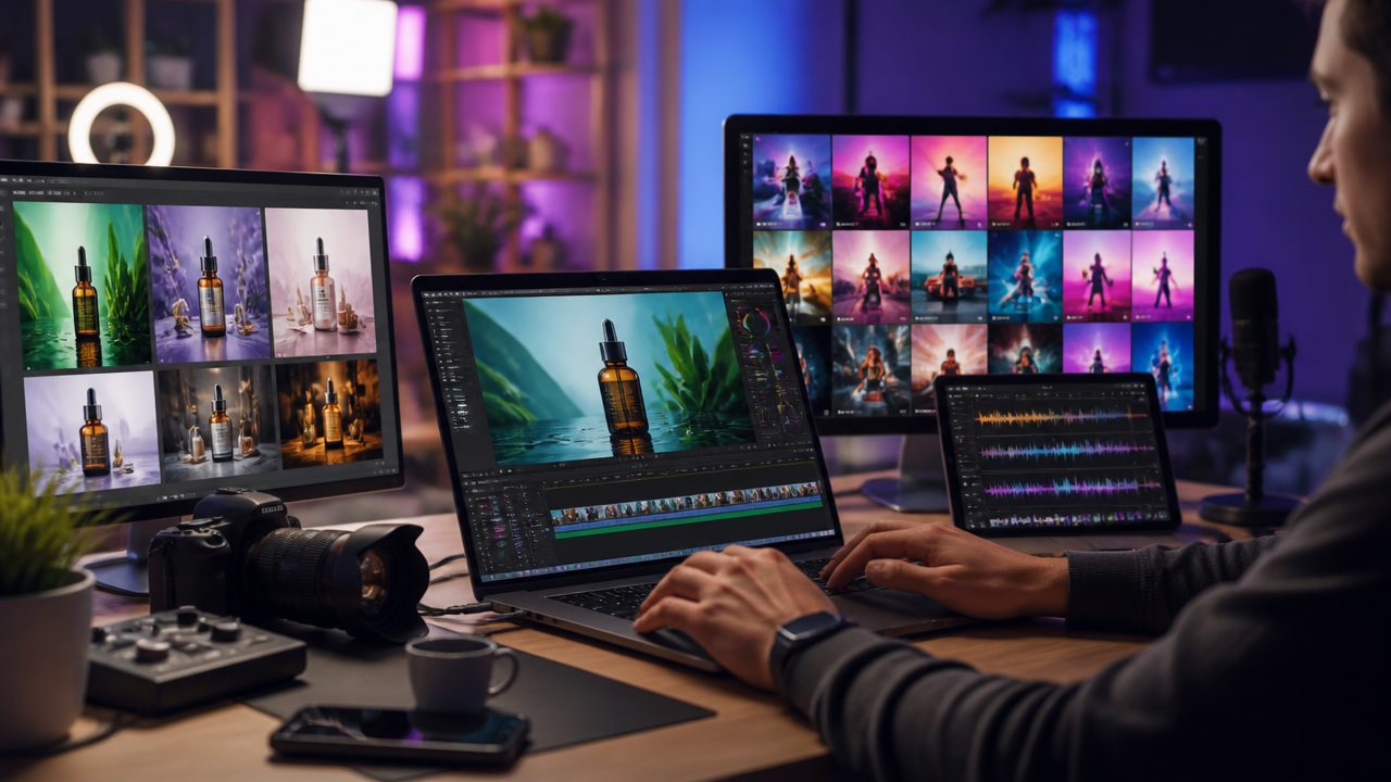 Un puesto de trabajo para creadores de contenido que muestra un portátil con una vista previa de un vídeo de producto generado por IA.
