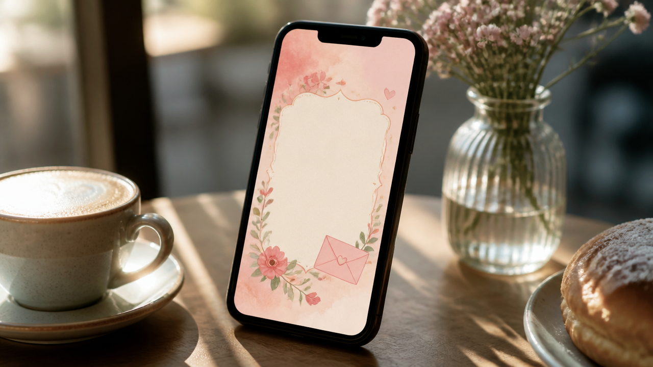Uno smartphone comodo appoggiato su un tavolino di un bar che mostra un'affascinante interfaccia di invito illustrata senza alcun testo leggibile.
