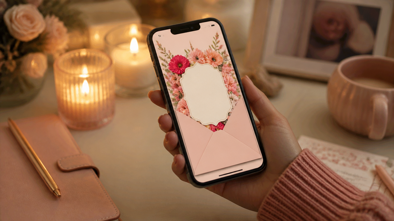 a cozy romantic desk scene with a smartphone showing a colorful invitation card interface