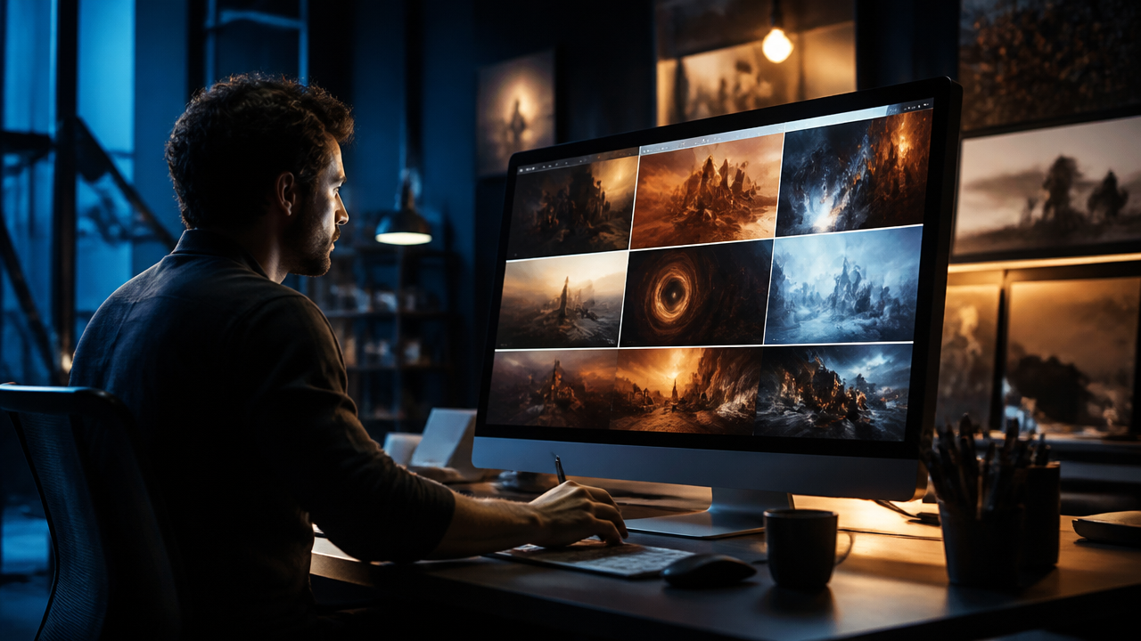 a digital artist directing an AI-generated cinematic video scene from a workstation