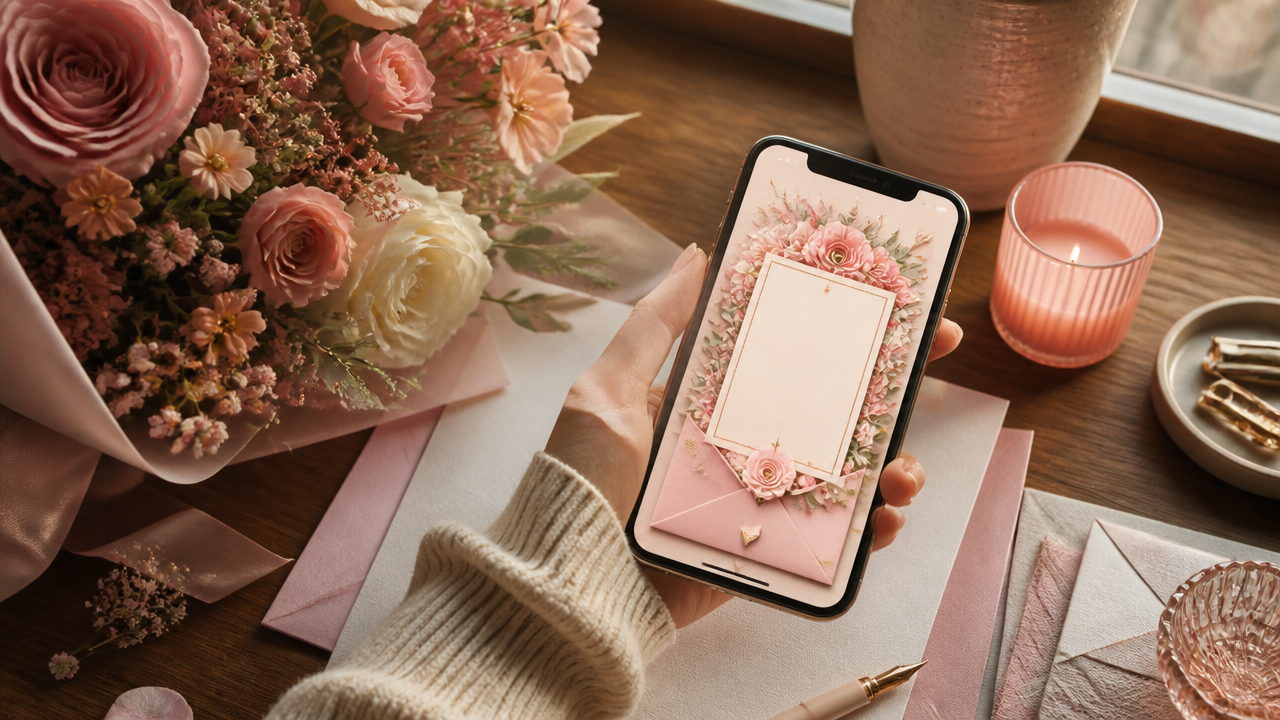a cozy desk with a smartphone showing a colorful interactive invitation card beside a small bouquet and handwritten stationery