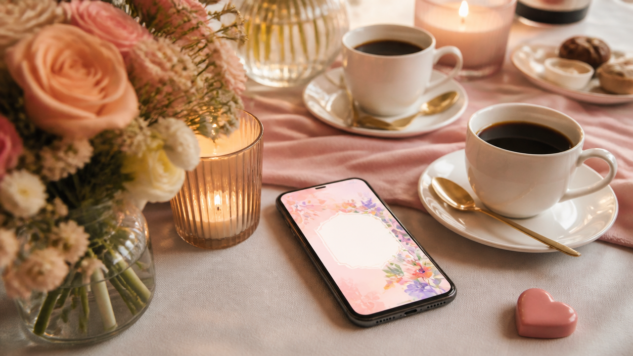 a cozy romantic table setting with two coffee cups