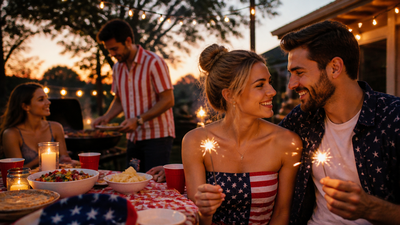 friends at a casual Fourth of July backyard cookout at sunset