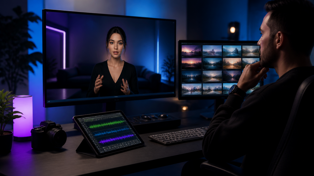 un espacio de trabajo de creador profesional que muestra una escena de vídeo de un avatar de IA en un monitor grande