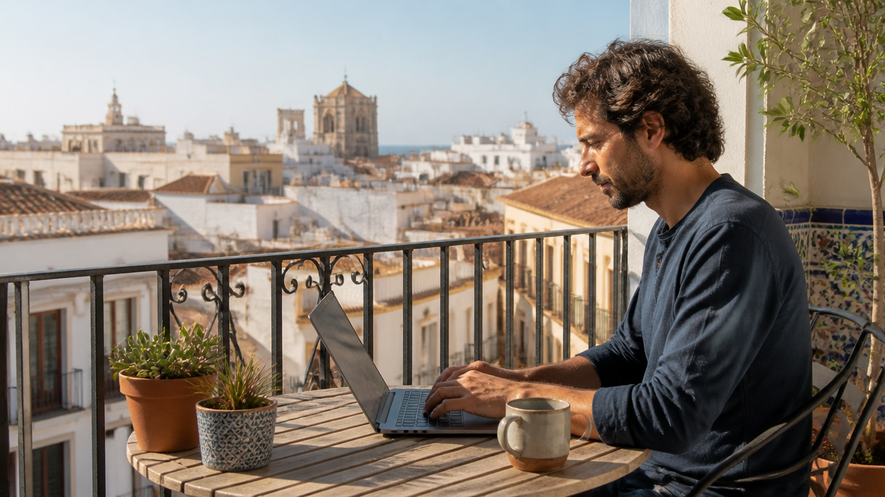 a remote professional working on a laptop from a bright Spanish apartment balcony overlooking Mediterranean city rooftops