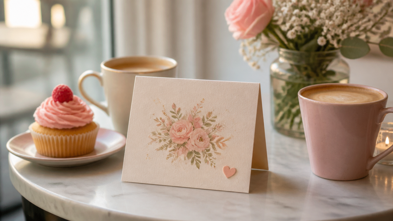 a cozy birthday card on a small cafe table beside a cupcake and two coffee cups
