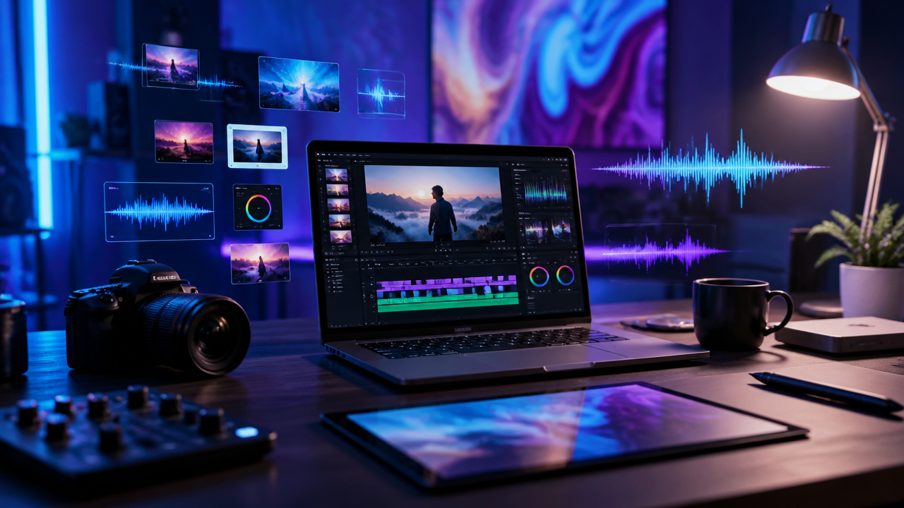 a modern creator workspace with a laptop showing video editing timelines