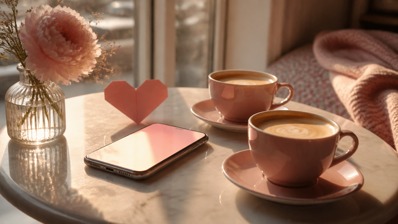 a cozy smartphone screen glowing on a small cafe table beside two coffee cups and a folded paper heart