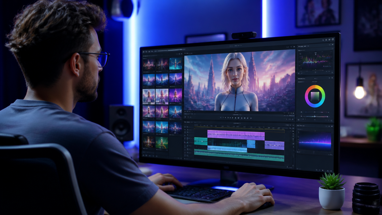 Un creador digital edita un vídeo de un avatar de IA en un monitor de escritorio grande con paneles de recursos visuales.