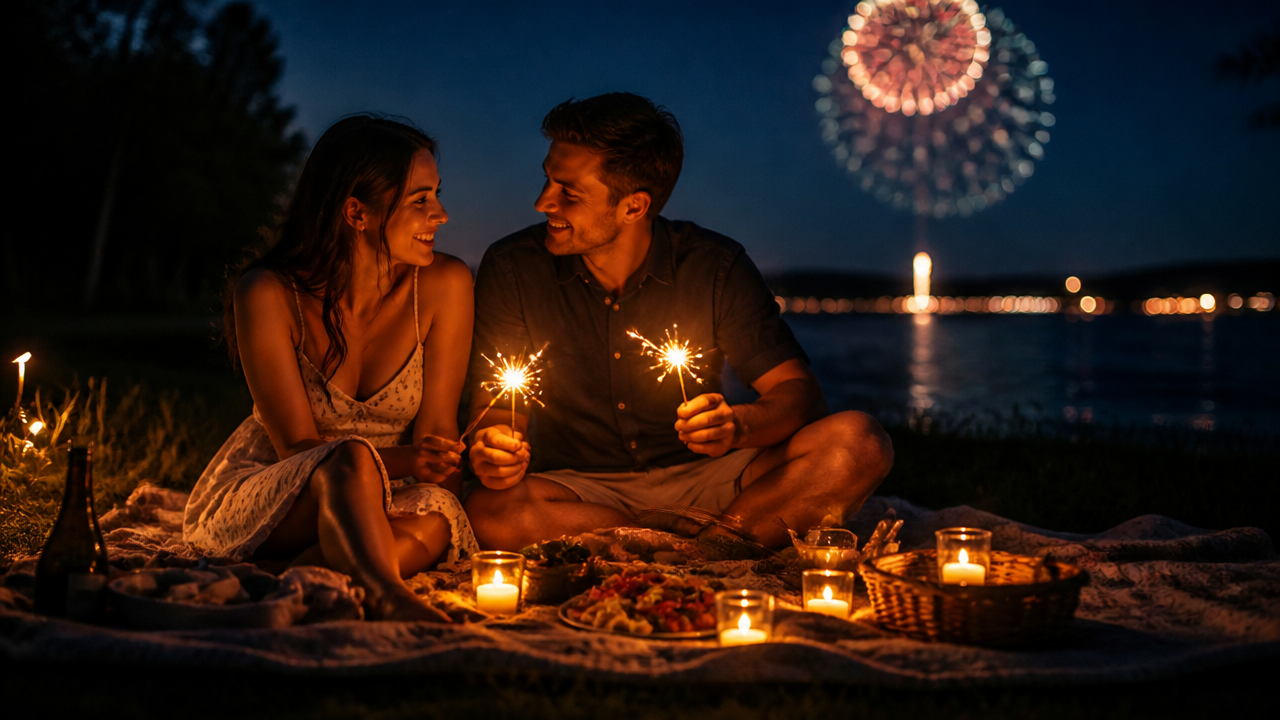 a cozy summer evening picnic after fireworks with sparklers glowing on a blanket