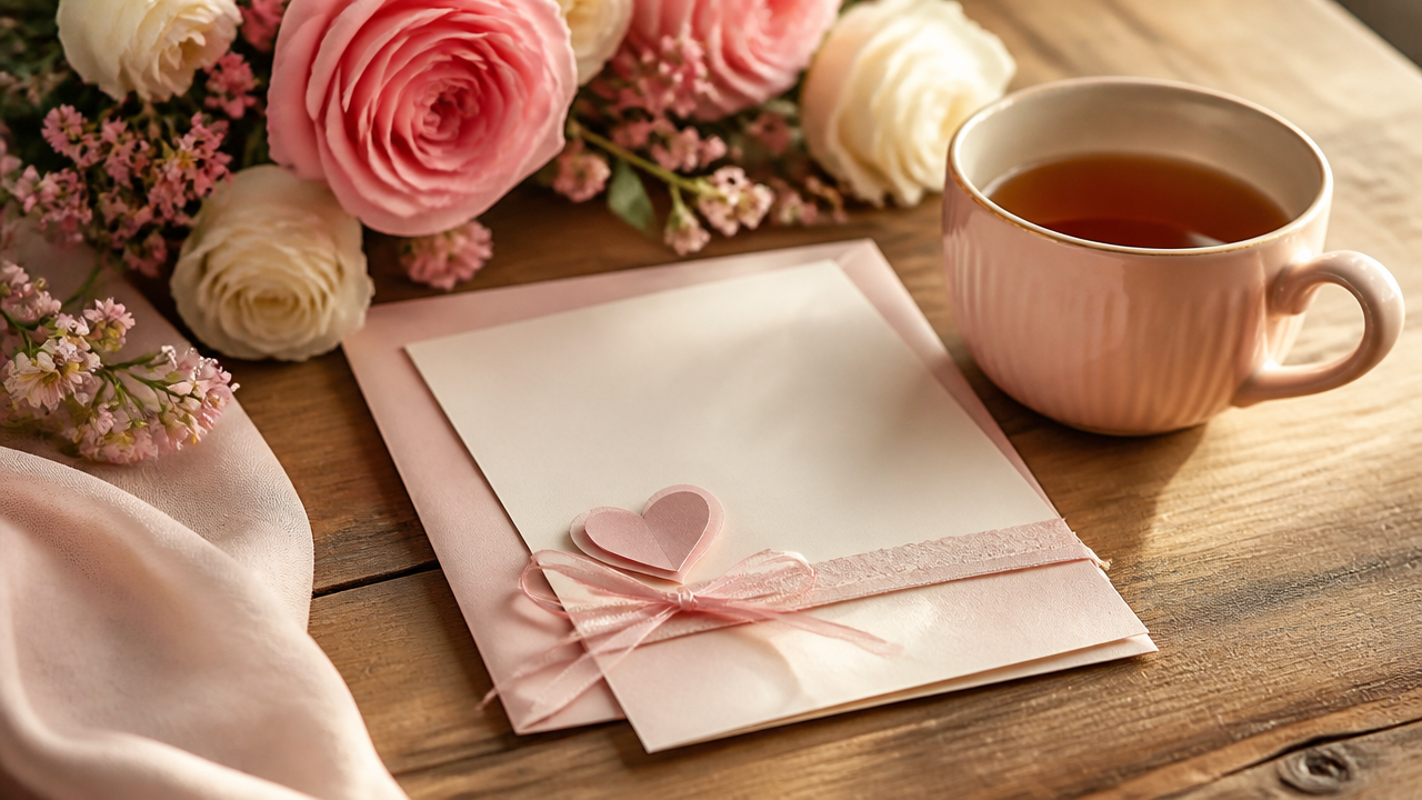 a romantic invitation card beside flowers and a warm cup of tea on a wooden table