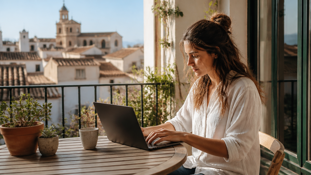 a remote professional working on a laptop from a bright Spanish apartment balcony overlooking warm Mediterranean rooftops