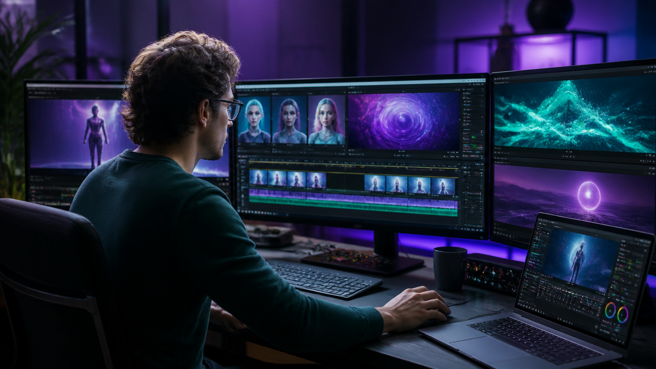 a professional content creator editing an AI-generated video at a modern workstation