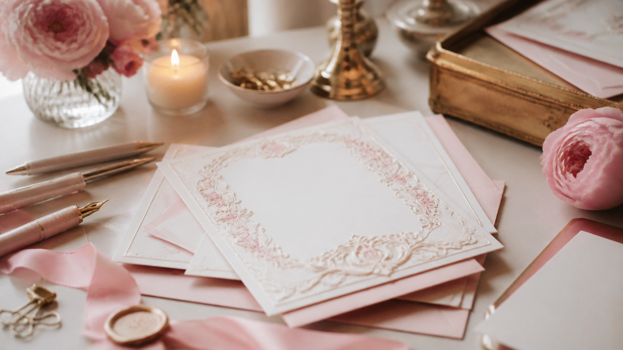 a cozy desk with elegant invitation cards