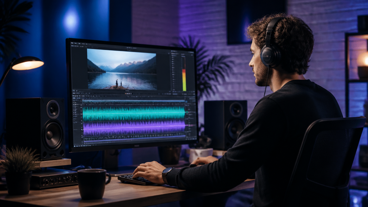 a content creator editing an audio timeline and video preview on a modern desktop workstation