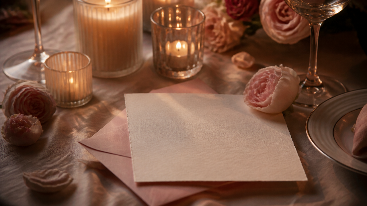 a romantic tabletop scene with a handwritten invitation card