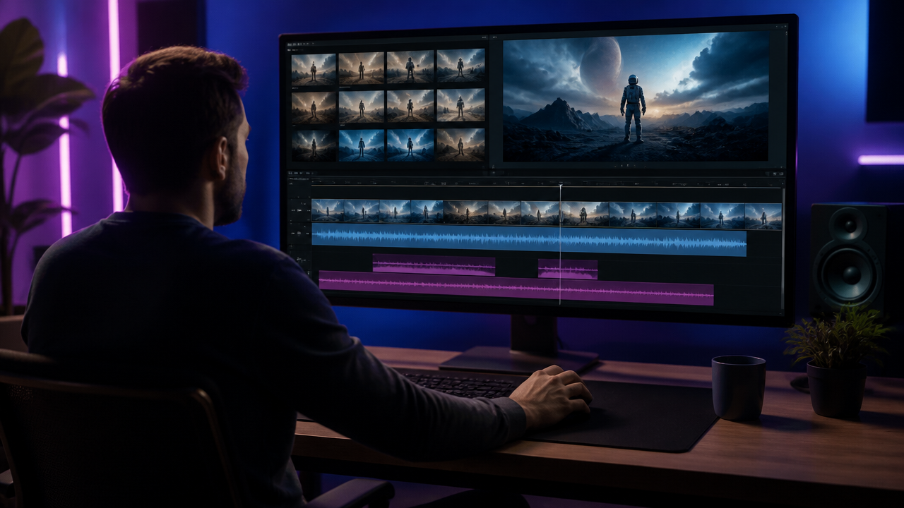 Un creador digital independiente edita una línea de tiempo de vídeo generada por IA con formas de onda de audio.