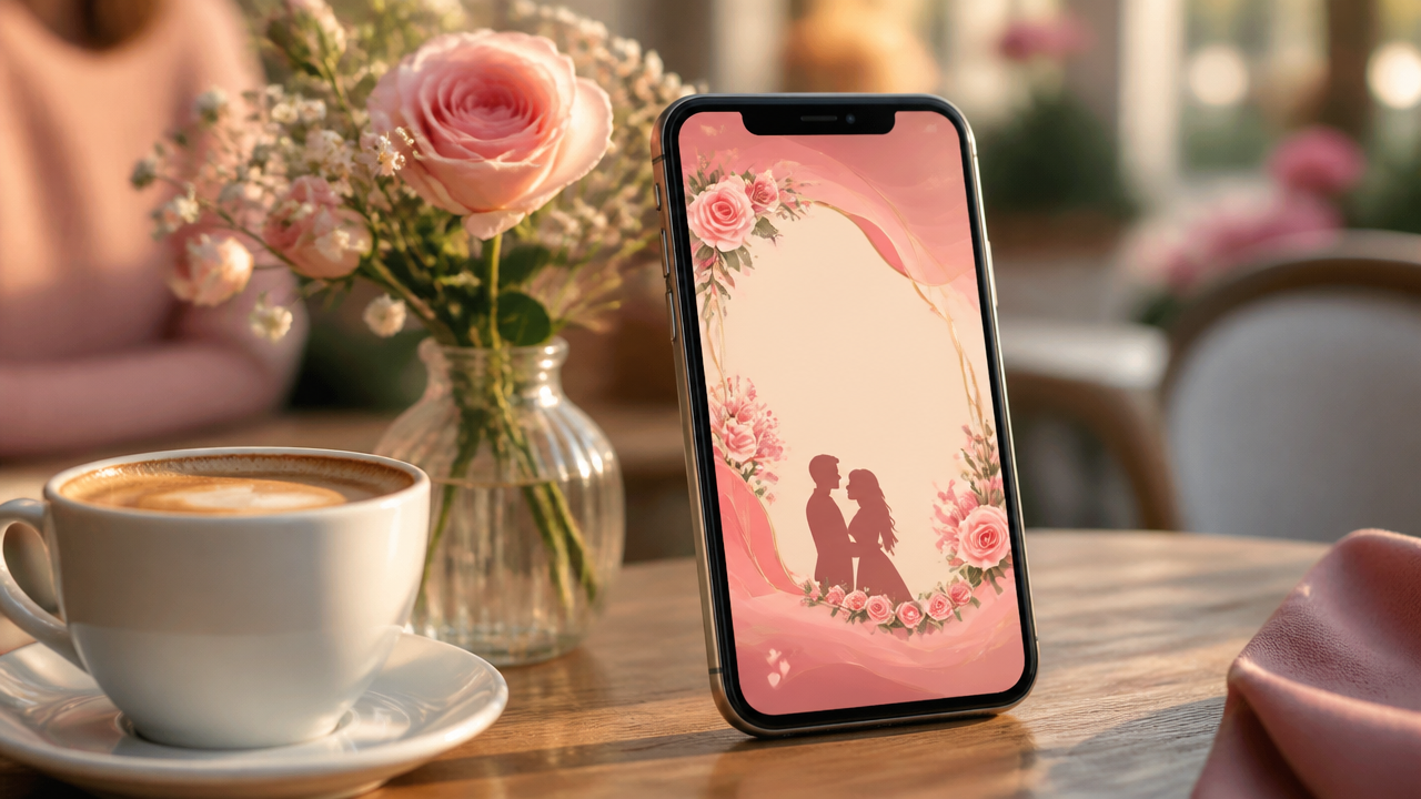 a cozy smartphone on a cafe table showing a colorful romantic digital invitation card interface without readable text