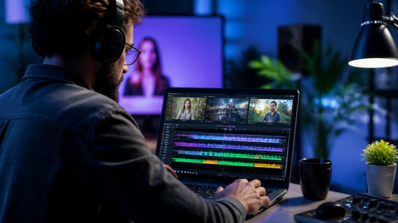 a video creator editing multilingual voice tracks on a laptop in a modern studio