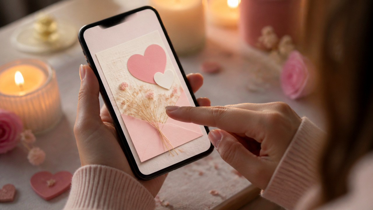 a cozy smartphone scene showing a romantic digital invitation card being created for a casual date