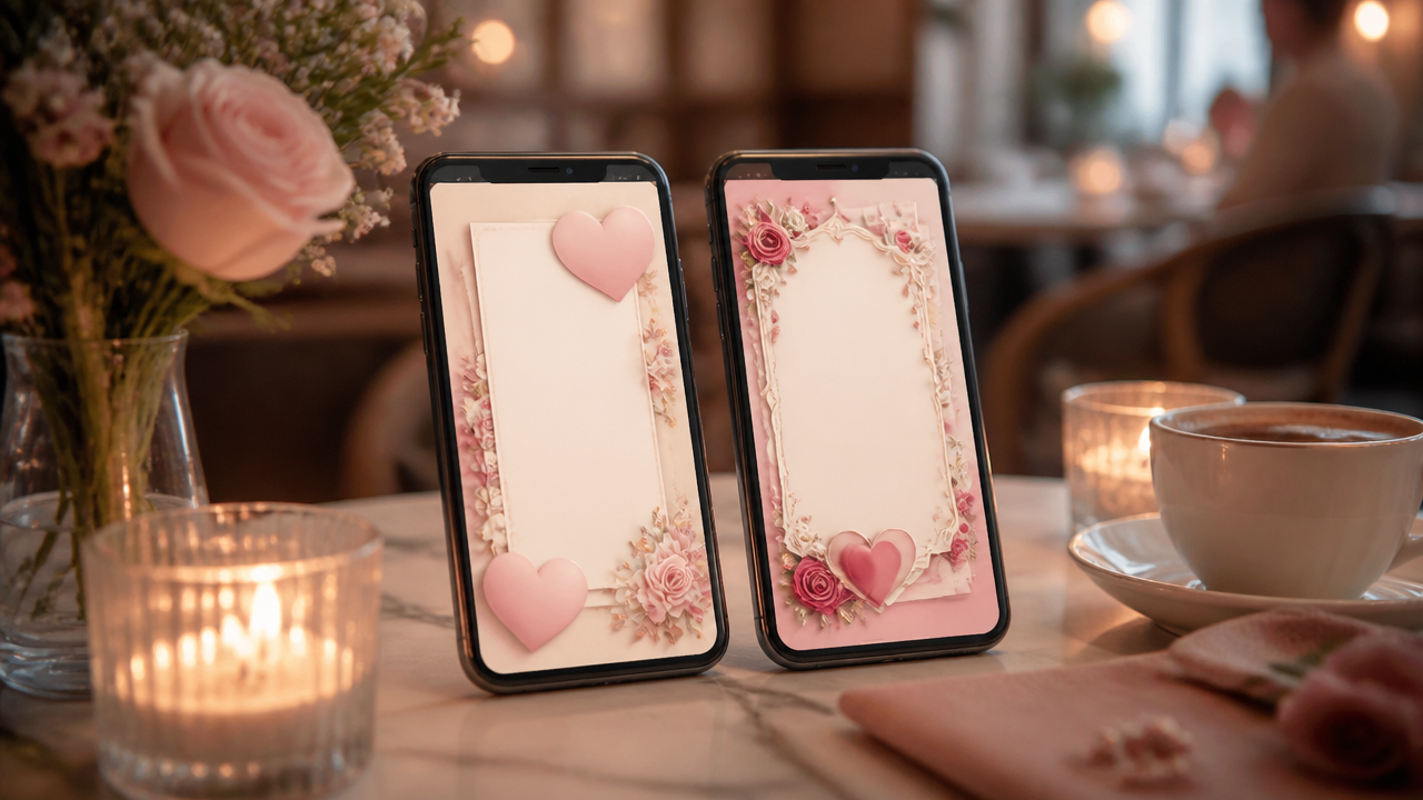 two smartphones on a cozy cafe table showing colorful romantic invitation card designs without any readable text
