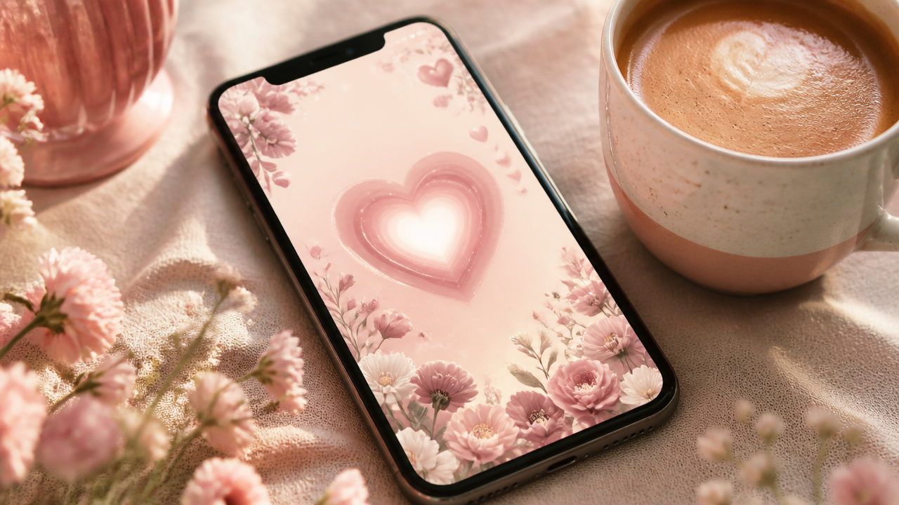 a charming digital invitation card glowing on a smartphone screen beside a coffee cup and small flowers