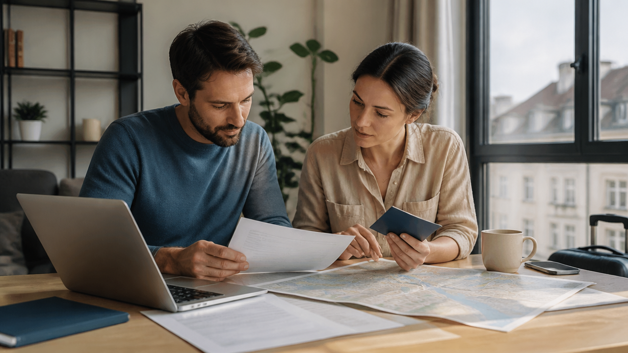 a professional expat couple comparing relocation documents