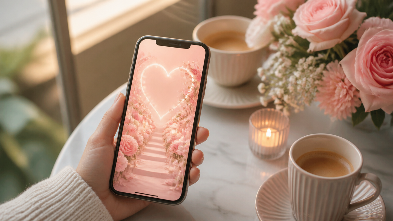 a romantic digital invitation card glowing on a smartphone screen beside flowers and coffee cups on a small table