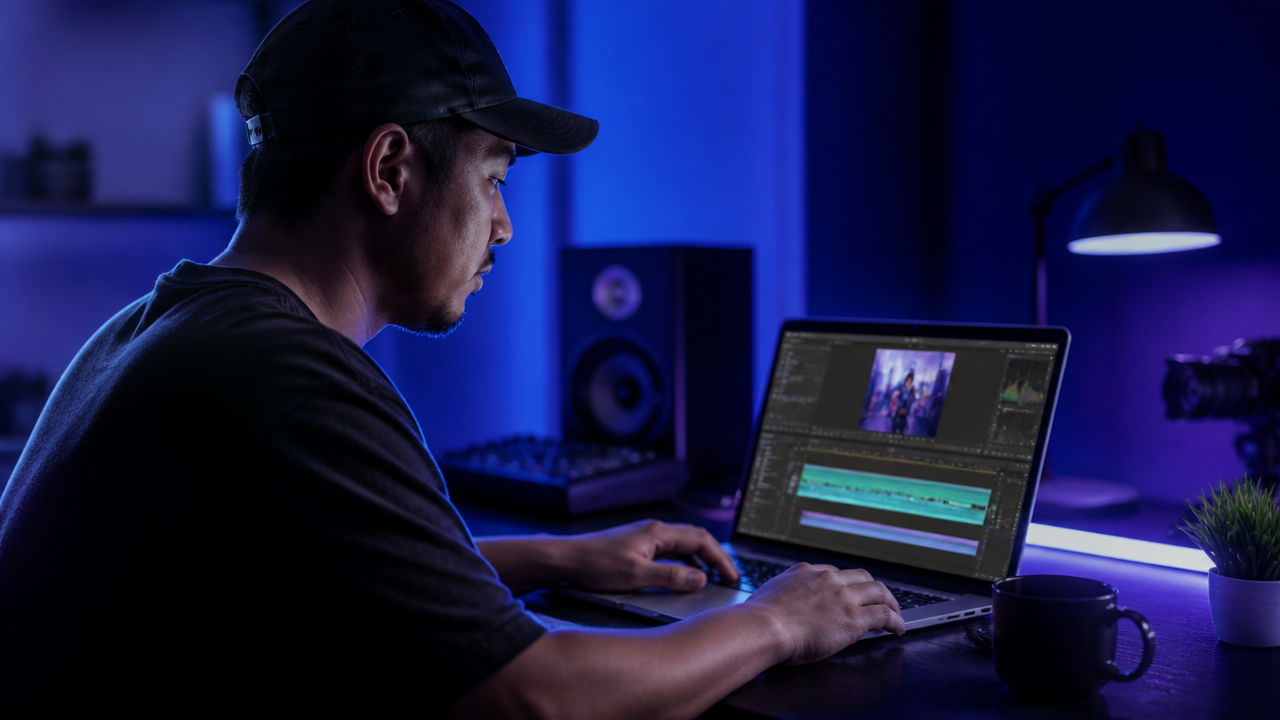 a digital creator editing a short vertical video on a laptop with visual waveforms and layered audio tracks represented as abstract glowing shapes