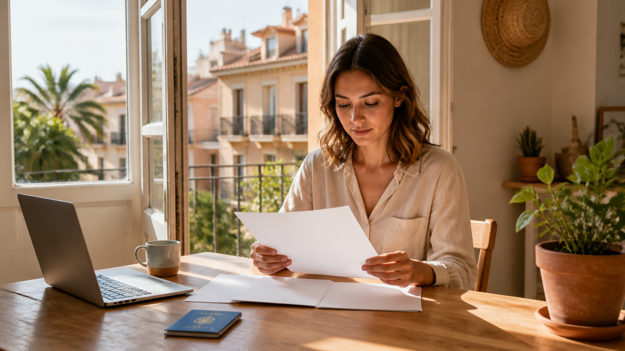 a remote professional at a sunlit apartment desk in Spain organizing blank official-looking papers