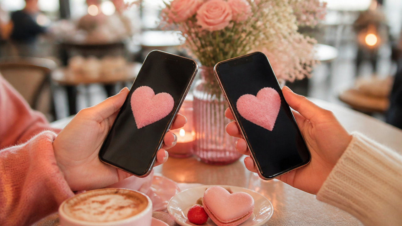 a romantic smartphone invitation scene with two hands holding phones on a cozy cafe table