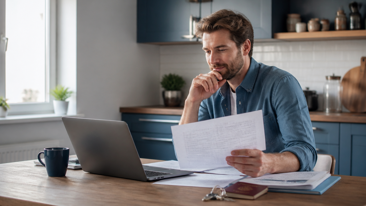 a thoughtful remote professional at a kitchen table comparing European relocation documents