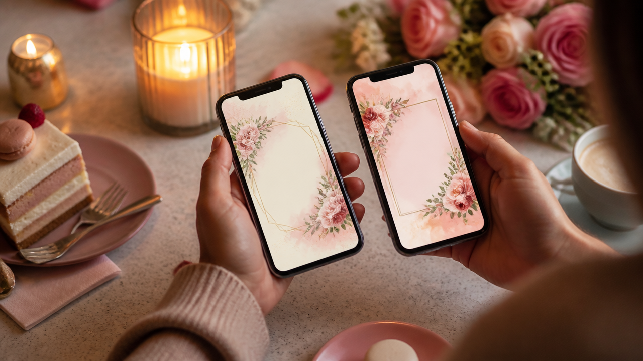 a cozy romantic scene with two smartphones on a cafe table showing colorful illustrated invitation cards without readable text