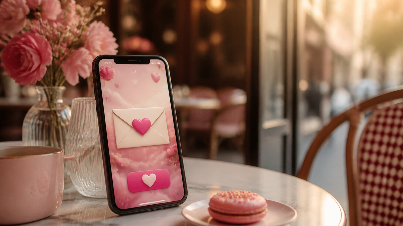 a cozy smartphone on a cafe table showing a colorful romantic invitation interface without readable text