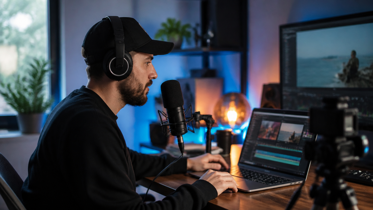 a content creator recording clean voice audio in a modern studio desk setup with microphone