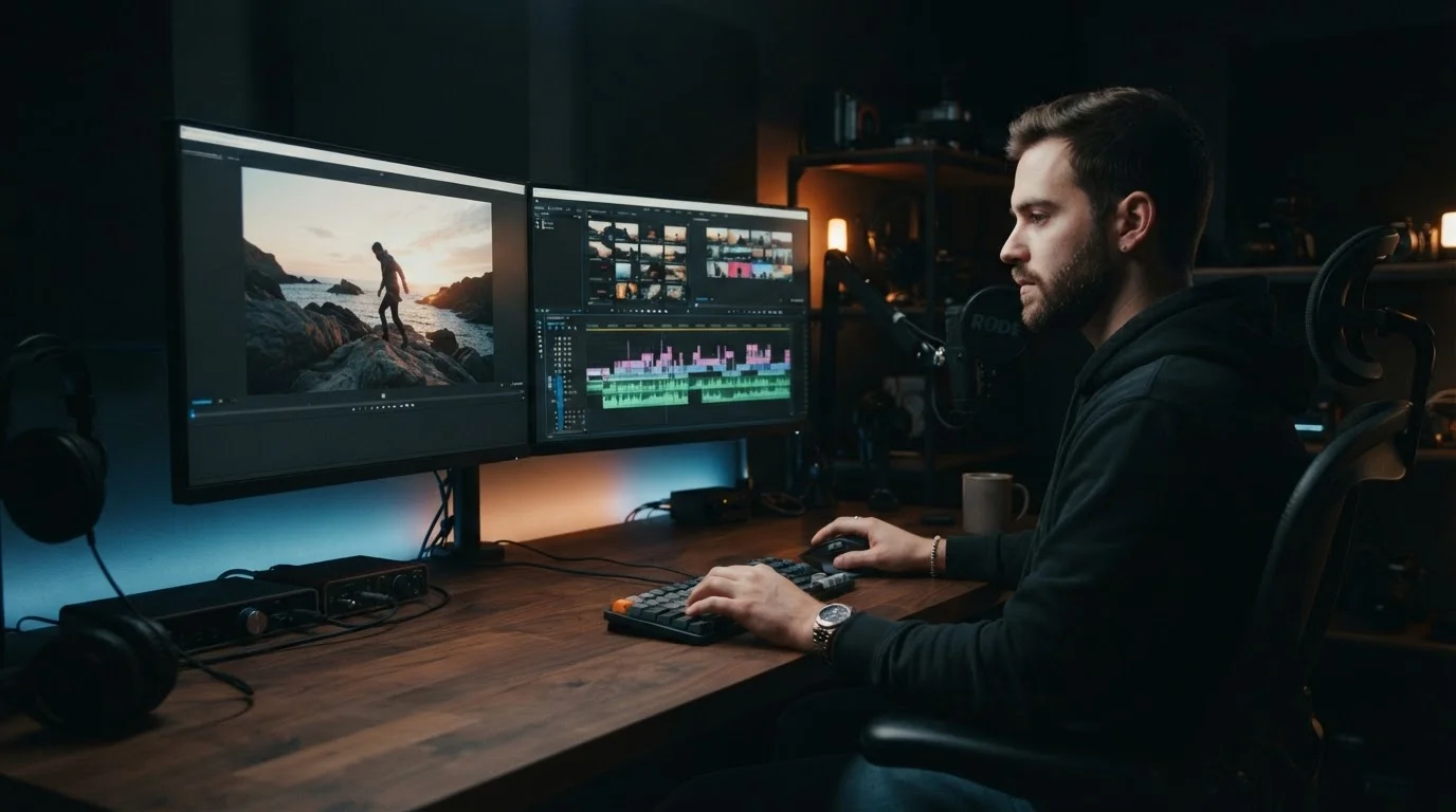 a creator editing video on a dual monitor setup displaying audio waveforms and high-definition video frames