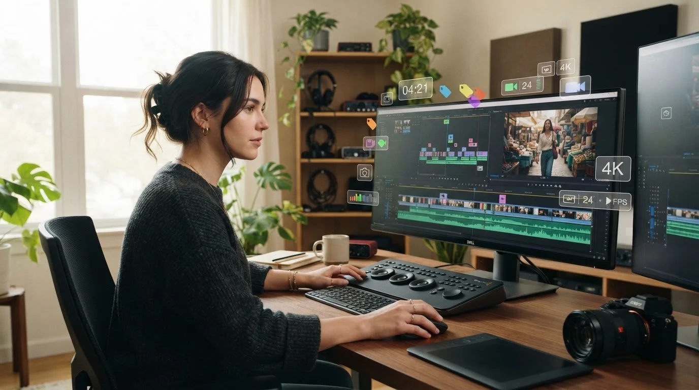 a digital media creator at a modern studio workspace editing video on a monitor