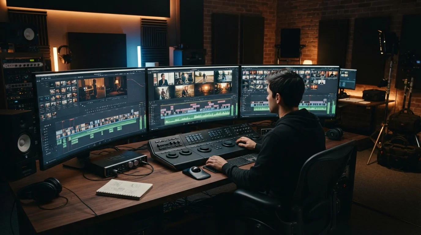 Un estudio de producción digital moderno con monitores ultra anchos de alta definición que muestran canales de edición de línea de tiempo en paralelo para formas de onda de vídeo y ángulos de cámara de tomas múltiples.