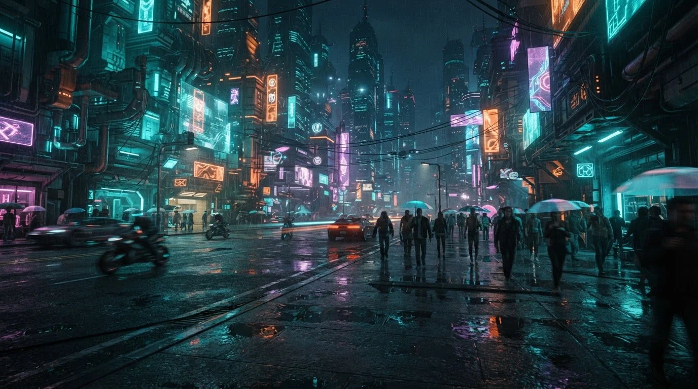 cinematic wide-angle shot of a futuristic neon street