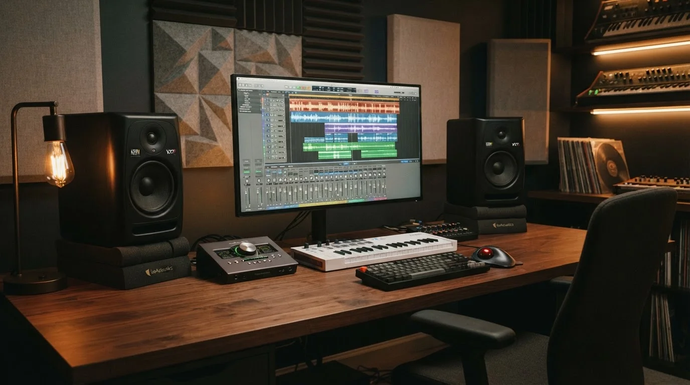 Un estudio doméstico moderno con un monitor de ordenador que muestra las formas de onda de una estación de trabajo de audio digital.