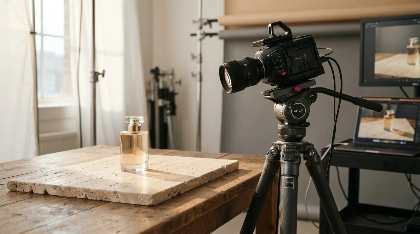 a commercial product photography setup in a studio with a mirrorless camera on a tripod pointed at a minimalist glass perfume bottle resting on a stone surface