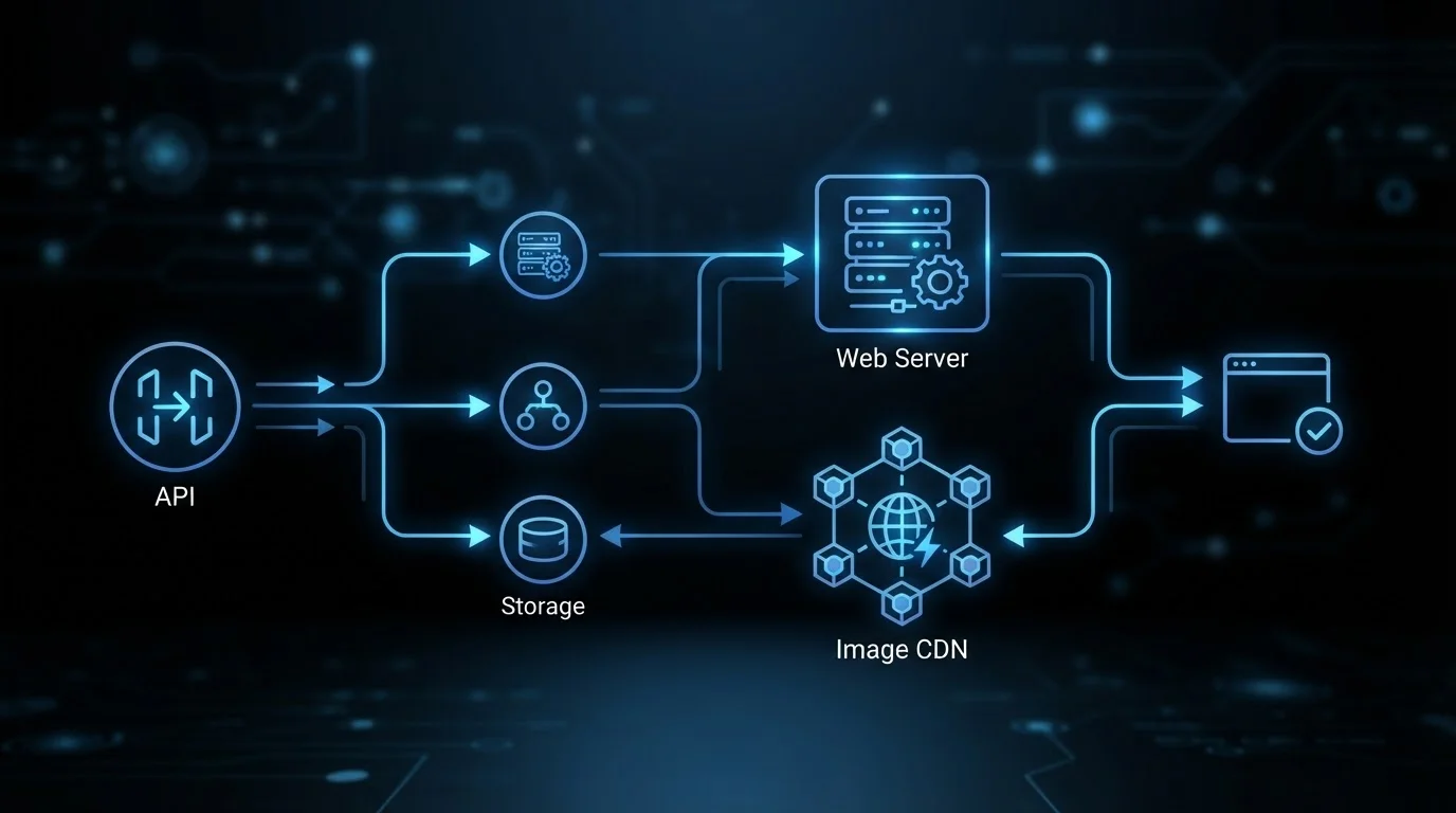 a modern digital architecture diagram showing an API workflow routing data to an image CDN and web server