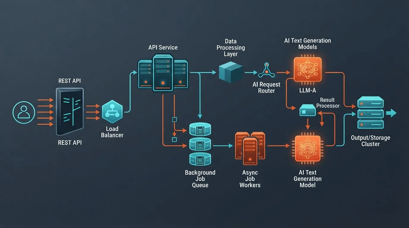 a modern software architecture diagram illustrating REST API triggers sending payloads to background job workers and an AI text generation pipeline