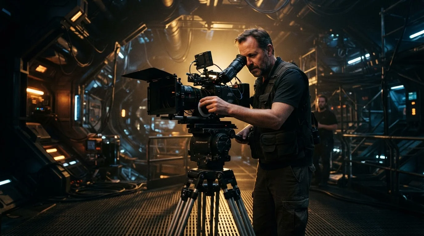 a cinematic wide angle shot of a film director adjusting a heavy camera rig on a futuristic set