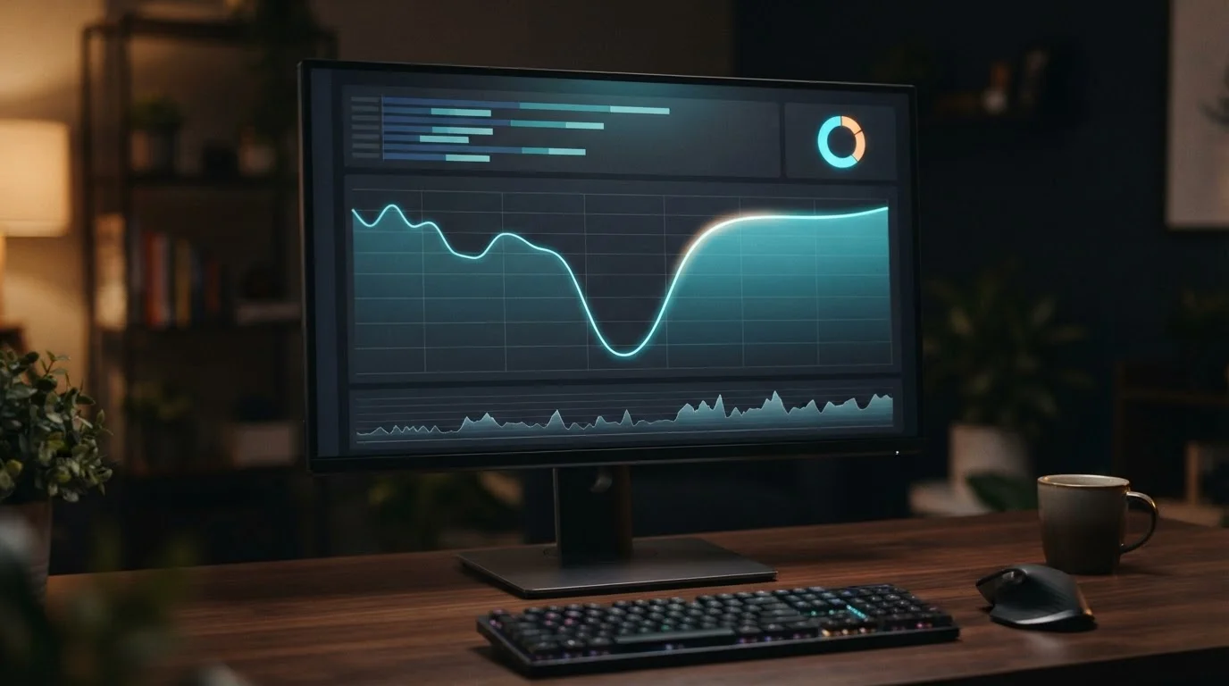 standard analytics dashboard on a dark sleek desktop monitor showing a traffic trend line recovering after an automated update