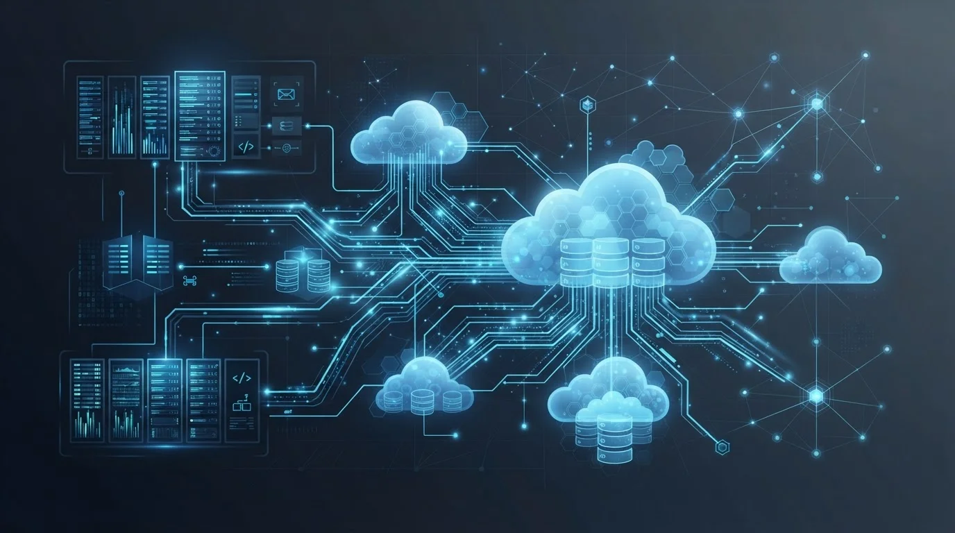 high-tech server architecture diagram concept represented by glowing blue network nodes connecting cloud databases