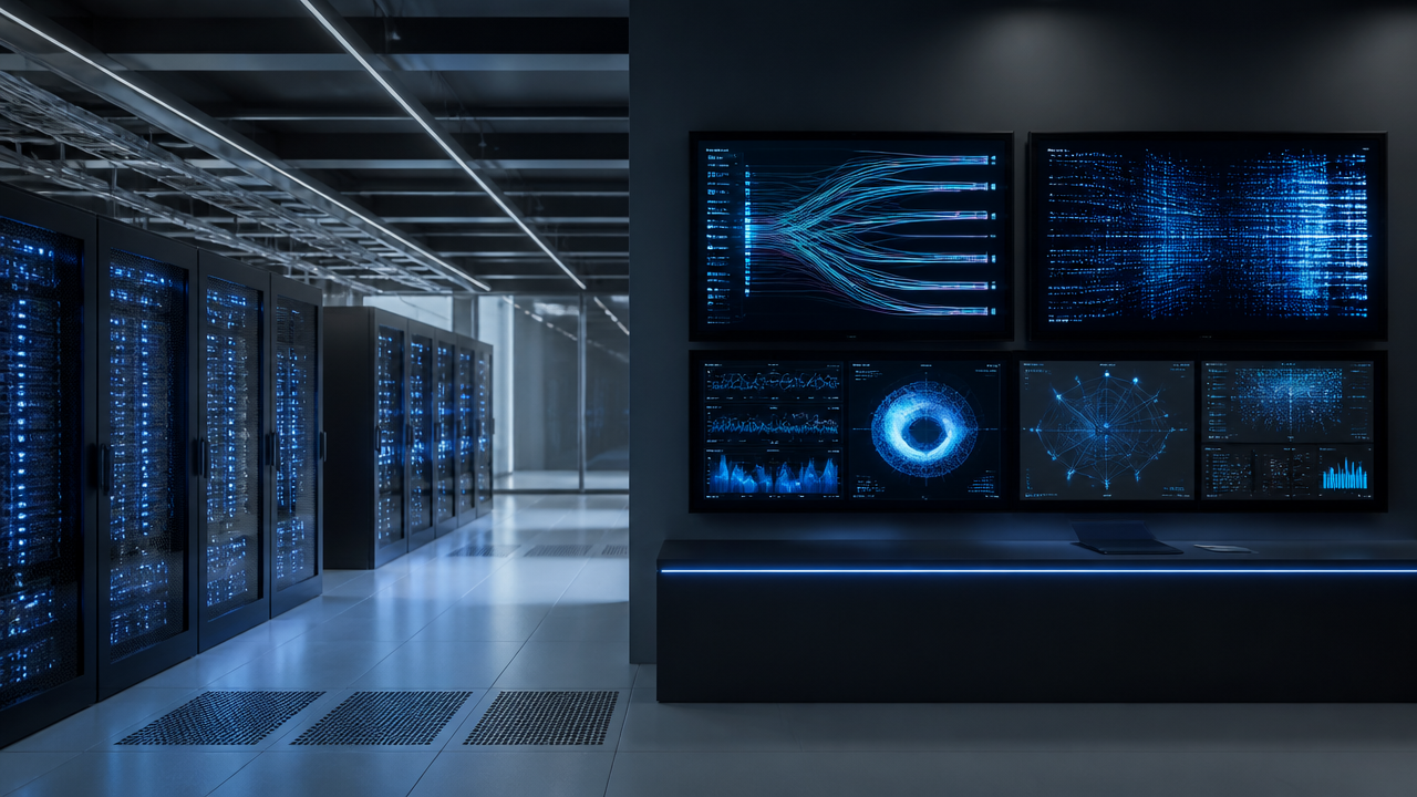 a modern minimalist server room with illuminated dashboard screens displaying data flow analytics