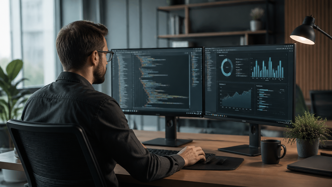 a software engineer reviewing clean API code and data charts on dual monitors in a modern office setup