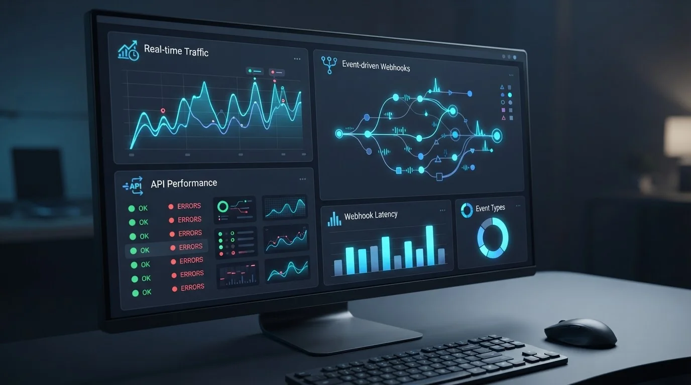 a dark theme software dashboard displaying event-driven webhooks