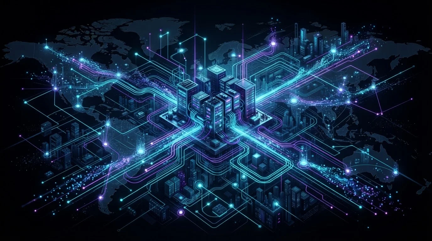a modern server infrastructure visualization with data packets moving through edge nodes and content delivery network pathways